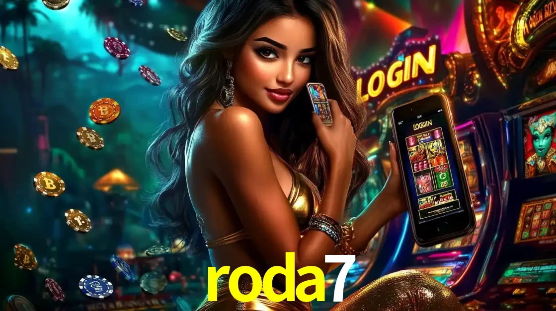 Mulher em um cenário de cassino temático de aventura, mostrando o app de caça-níqueis da roda7 no celular. Fichas de apostas flutuam ao redor.