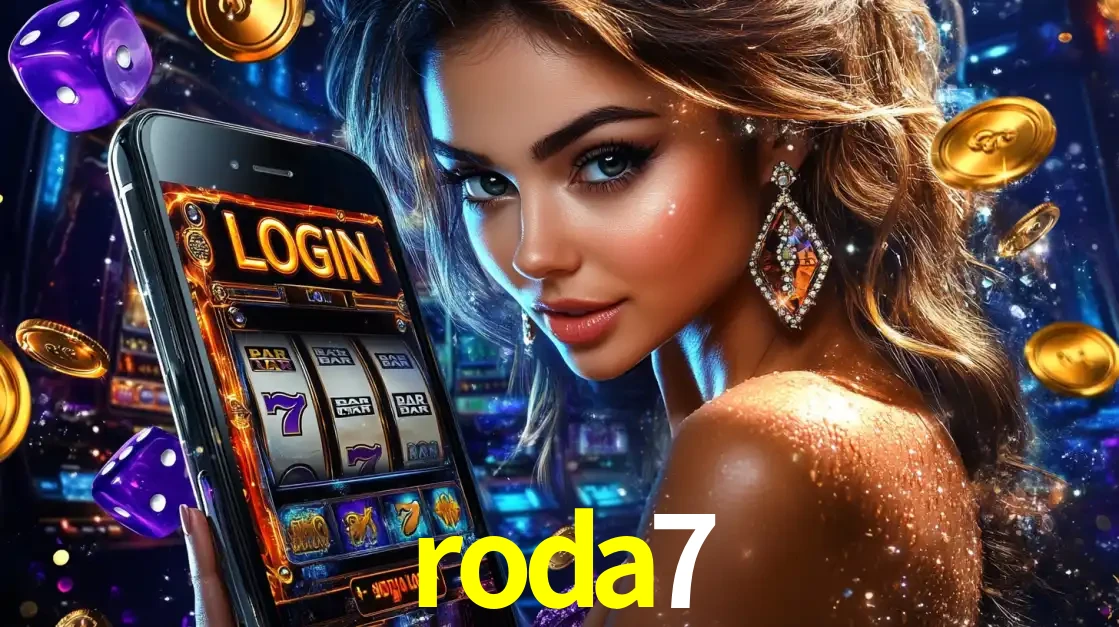 Mulher glamorosa segurando um smartphone com a tela de login para os jogos de caça-níqueis do cassino online roda7, com moedas de ouro e dados ao redor.