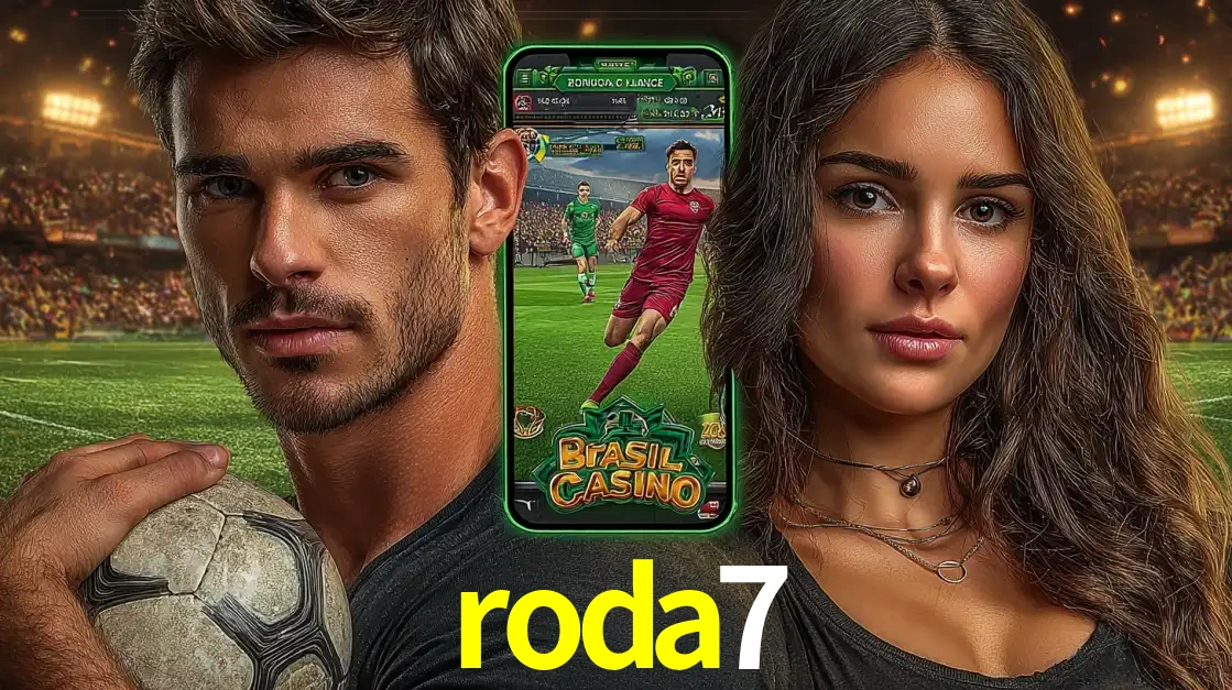Homem segurando uma bola de futebol e uma mulher ao lado de um smartphone exibindo o jogo de apostas esportivas da roda7. Faça seu palpite no cassino online.